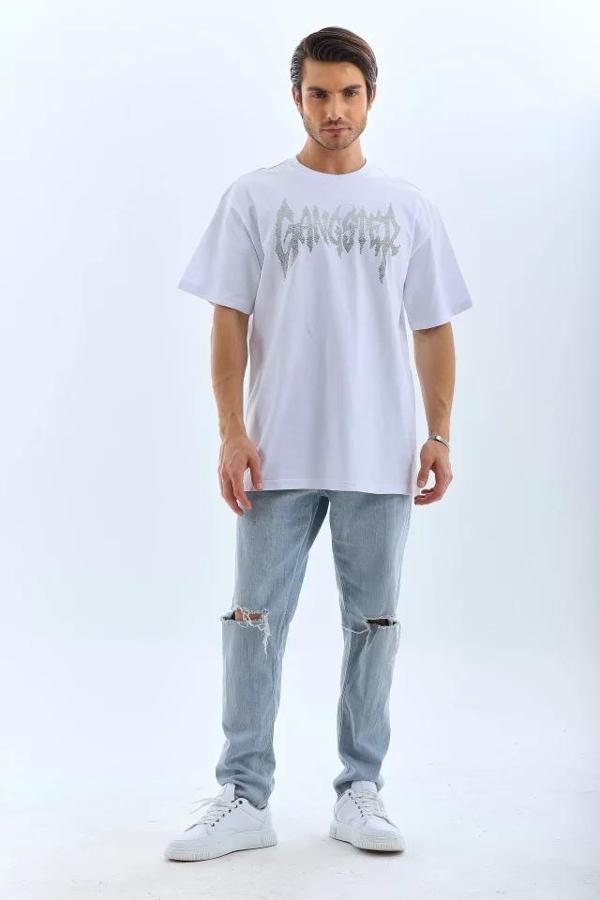 MDB Unisex Oversize Taşlı Bisiklet Yaka Thirt  Beyaz - Image 1