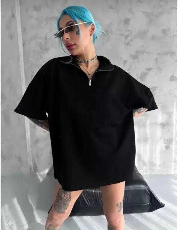 MDB Unisex Yarım Fermuarlı Düz Oversize Thirt  iyah - Image 1