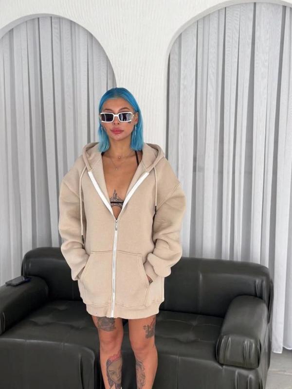 MDB Oversize Tam Fermuarlı Uzun Kol Hırka  Bej - Image 1