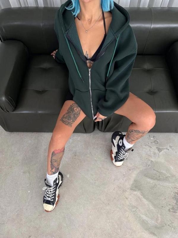 MDB Oversize Tam Fermuarlı Uzun Kol Hırka  Haki - Image 1