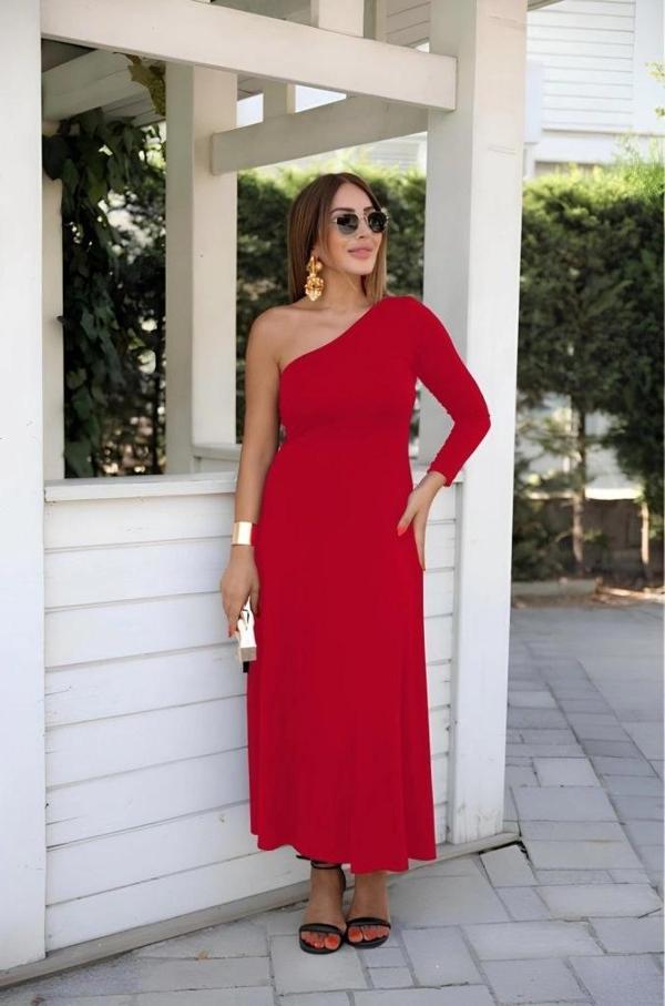 MDB Kadın Uzun Kollu Tek Omuz Detay Krep Elbise - Image 1