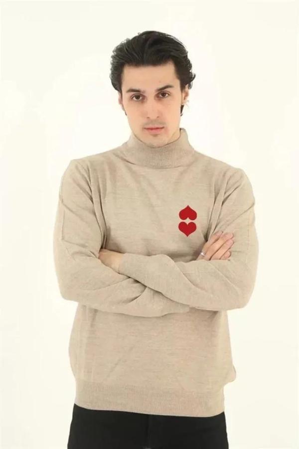 MDB Unisex Yarım Boğazlı Baskılı Dokuma Triko  Bej - Image 1