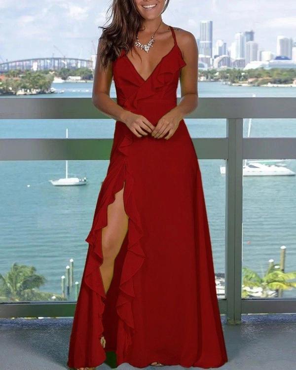 MDB Kadın Ip Askılı Dekolteli Yırtmaç Detay Krep Elbise - Image 1