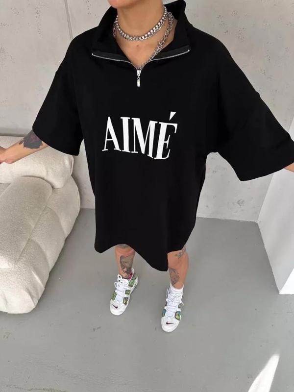 MDB Unisex Yarım Fermuarlı Baskılı Thirt  iyah - Image 1