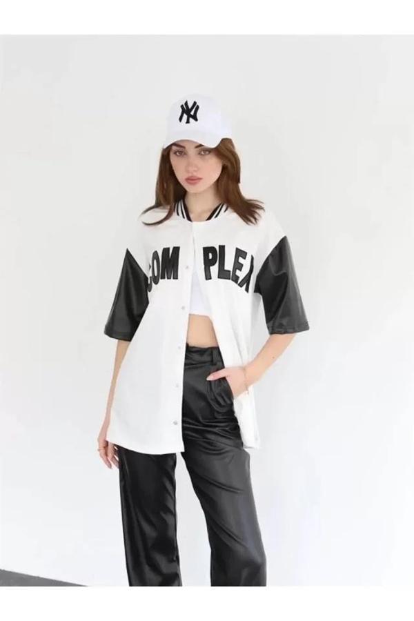 MDB Complex Kolları Deri Kolej Oversize Tshirt  Beyaz - Image 1
