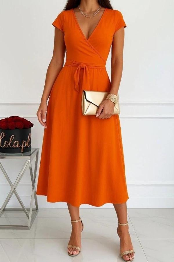 MDB Kadın Kısa Kollu V Yakalı Belden Kuşaklı Maksi Boy Viskon Elbise - Image 1