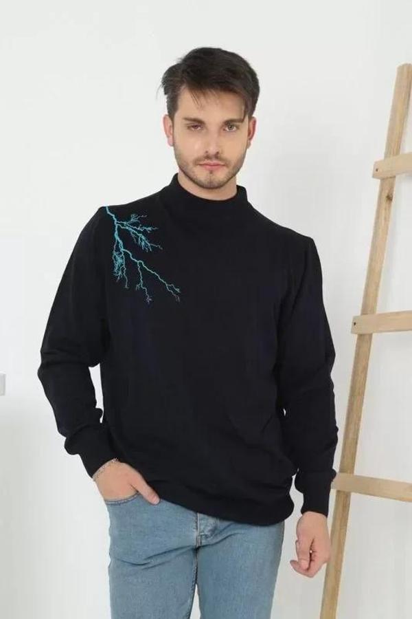 MDB Unisex Yarım Boğazlı Baskılı Dokuma Triko  Siyah - Image 1