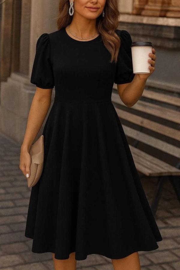 MDB Kadın Kısa Balon Kollu Bisiklet Yaka Geniş Kesim Janjan Krep Elbise - Image 1