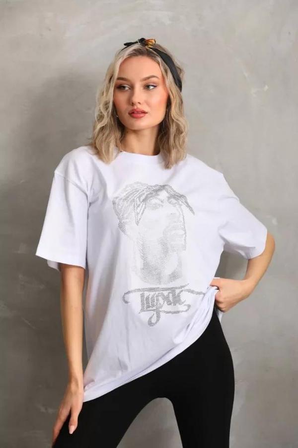 MDB Unisex Taş Desenli Oversize Thirt  Beyaz - Image 1