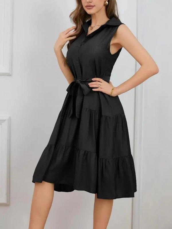 MDB Kadın Kısa Kollu Gömlek Yaka Düğmeli Beli Kuşaklı Katlı Dokuma Midi Elbise - Image 1