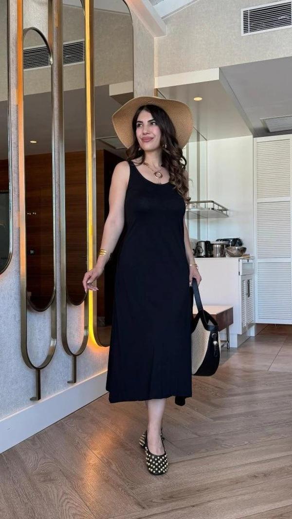 MDB Kadın Askılı Yuvarlak Yakalı Viskon Elbise - Image 1