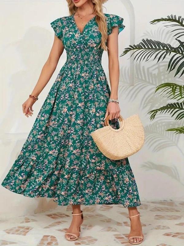 MDB Kadın Kısa Kollu Kruvaze Yaka Beli Lastikli çiçek Desenli Elbise - Image 1