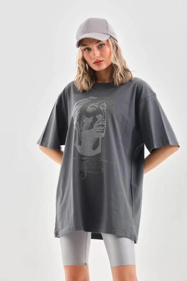 MDB Unisex Taş Desenli Oversize Thirt  Füme - Image 1