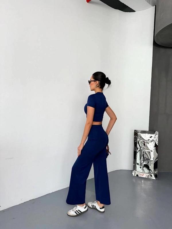 MDB Osy odal Yumuşak Dokulu Kumaş Kısa Kollu Crop Alt Ispanyol Paça Pantalon Ikili Takım  acivert - Image 1