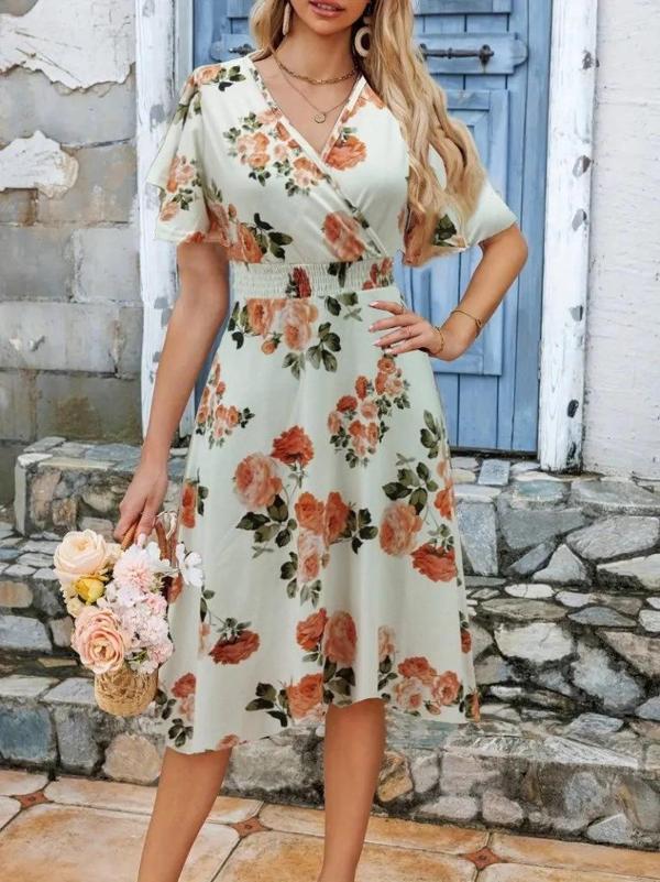 MDB Kadın Kısa Kollu Kruvaze Yakalı Desenli Süprem Kısa Elbise - Image 1