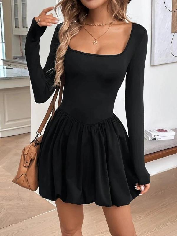 MDB Kadın Uzun Kollu Kare Yaka Mini Balon Modal Elbise - Image 1