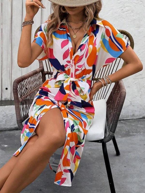 MDB Kadın Kısa Kollu Yakalı önü Düğmeli önden Drapeli Desenli Süprem Elbise - Image 1