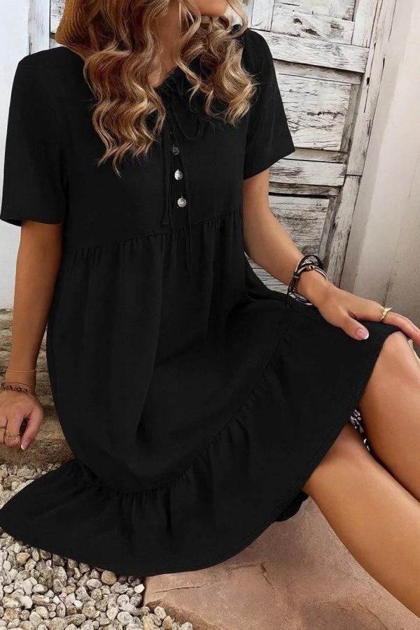 MDB Kadın Kısa Kollu Yakası Bağcıklı önden Düğmeli Fırfır Desenli Süprem Elbise - Image 1