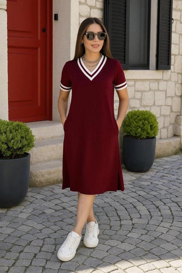 MDB Kadın Kısa Kollu V Yaka Ve Yaka Ribana Detay Midiboy Viskon Elbise - Image 1