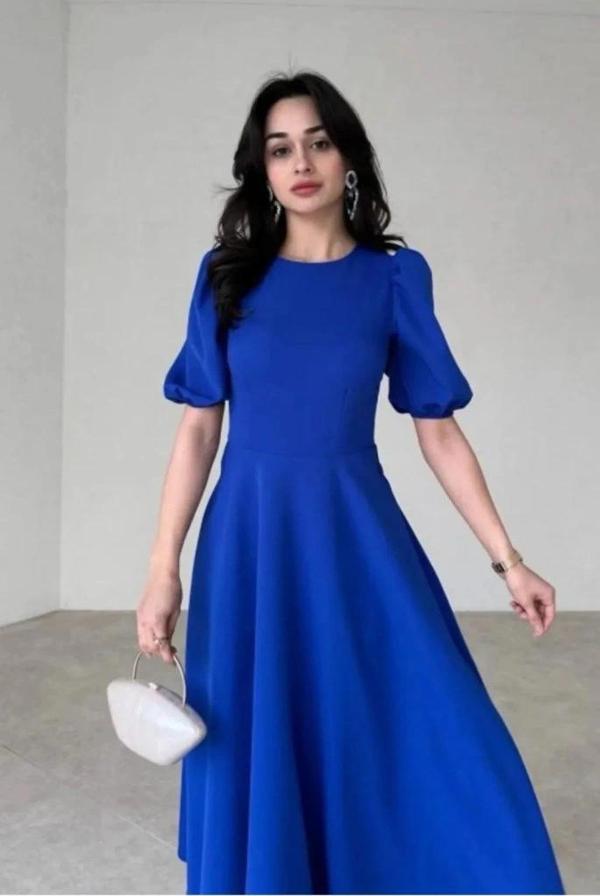 MDB Kadın Kısa Balon Kollu Bisiklet Yaka Geniş Kesim Janjan Krep Elbise - Image 1