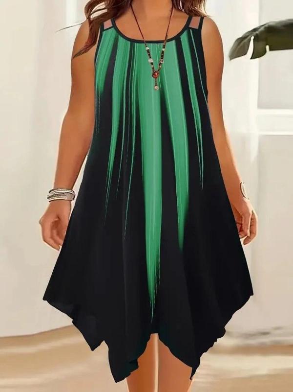 MDB Kadın Askılı Yuvarlak Yaka Asimetrik Detaylı Desenli Süprem Elbise - Image 1