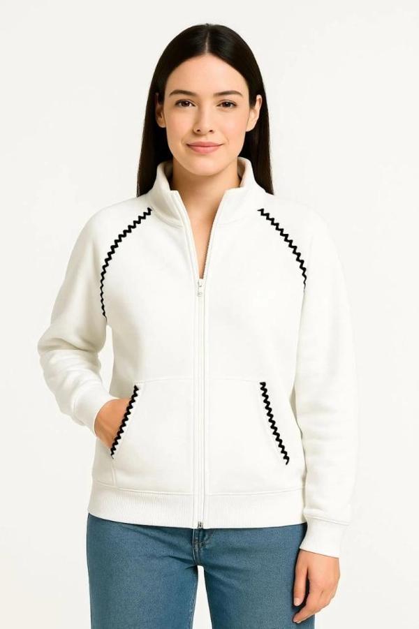 MDB Oversize Dik Yaka Fermuarlı weatshirt  Zincir Nakışli Kanguru Cepli,  Beyaz - Image 1