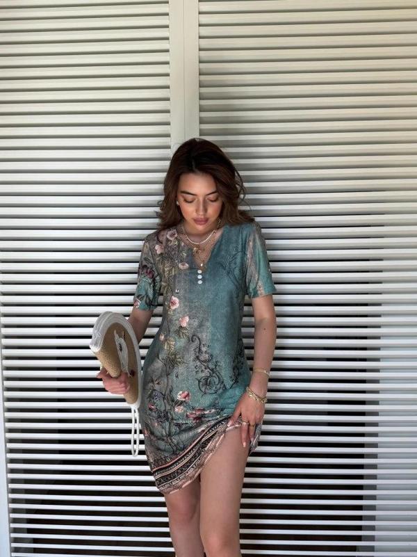 MDB Kadın Kısa Kollu V Yakalı çiçek Baskılı Midi Süprem Elbise - Image 1