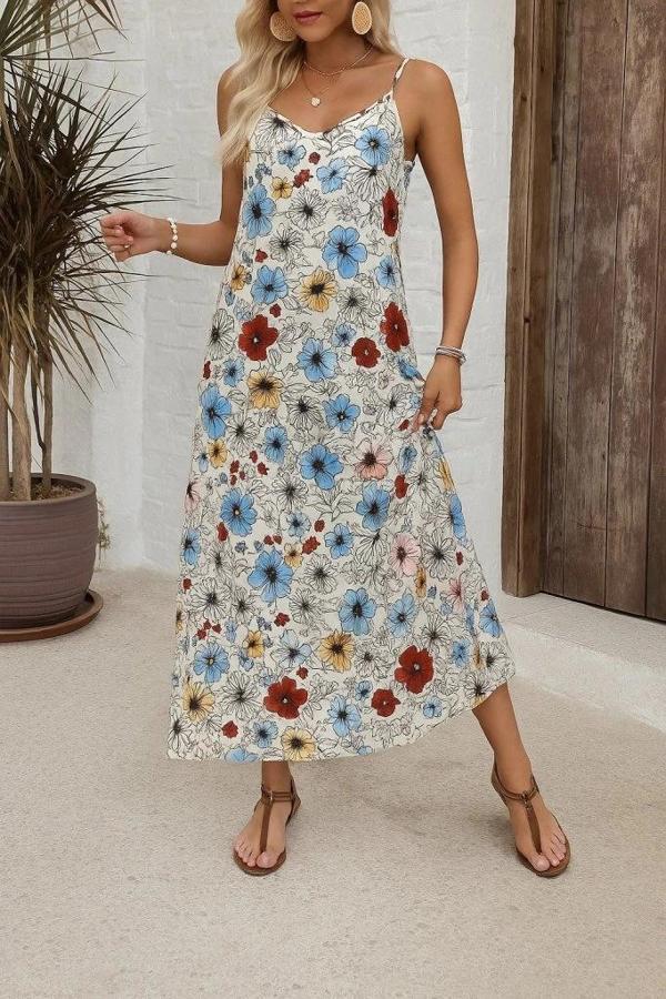 MDB Kadın Ip Askılı Geniş V Yakalı Desenli Süprem Elbise - Image 1