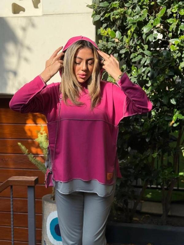 MDB Kadın Pembe Kapşonlu Etek Ucu Detay Arma Ters Dikiş Gorunumlu Ikili Takım - Image 1