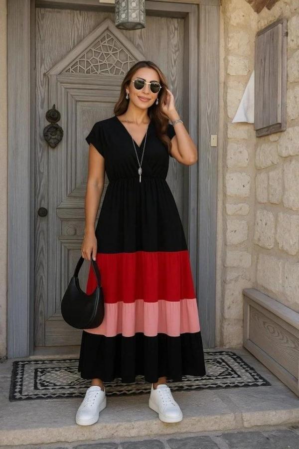 MDB Kadın Kısa Kollu Kruvaze Yakalı çok Renkli Aerobin Elbise - Image 1