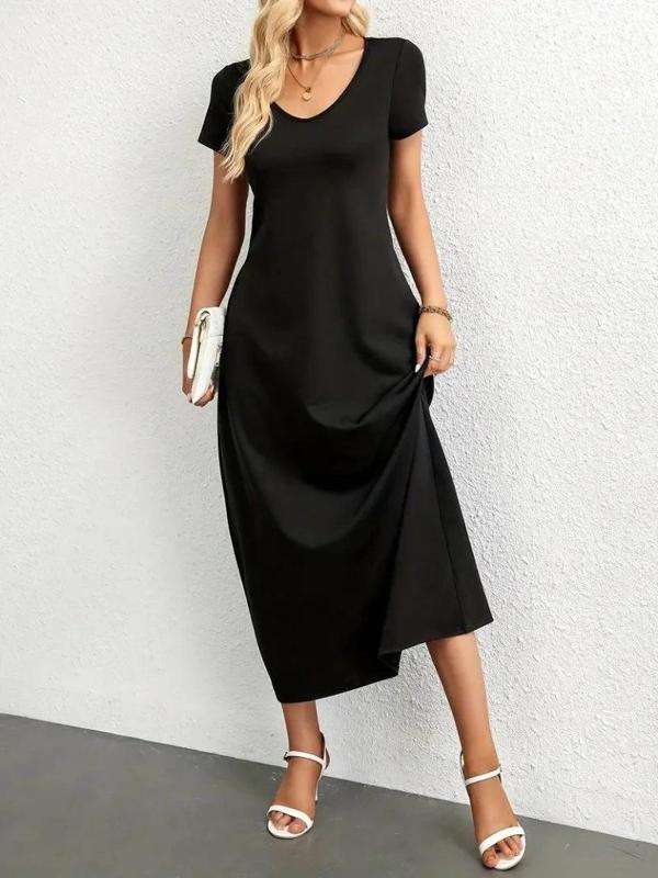 MDB Kadın Kısa Kollu Yakası Yuvarlak Cepli Viskon Elbise - Image 1