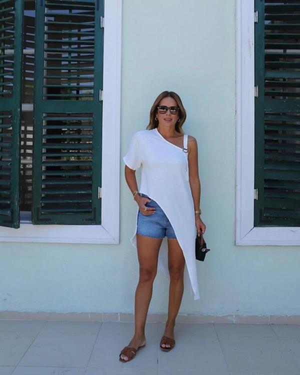 MDB Kadın Tek Omuzu Açık Askılı Asimetrik Kesim Detaylı Bluz - Image 1