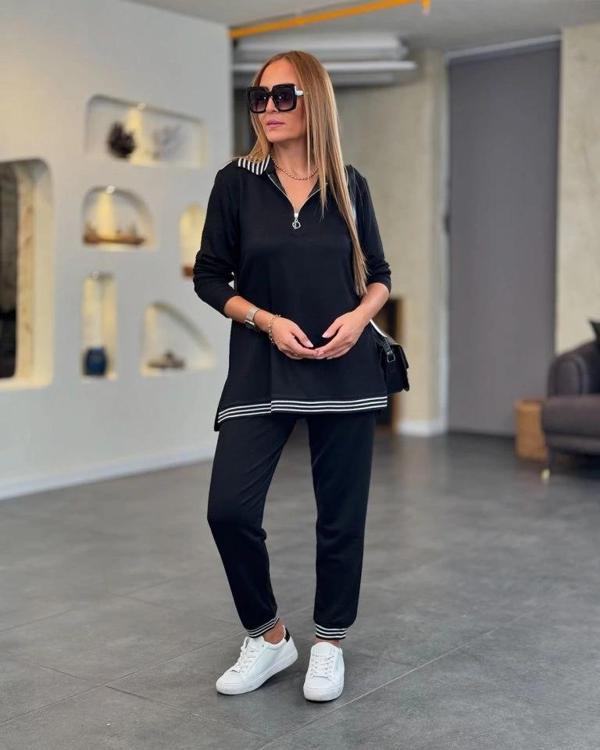 MDB Kadın Uzun Kollu Ribana Ve Fermuar Detay Bluz Ve Yüksel Bel Pantolon 2li Takım - Image 1