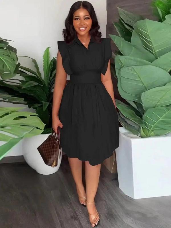 MDB Kadın Yakalı Belden Oturmalı önden Büzgülü Dokuma Mini Elbise - Image 1