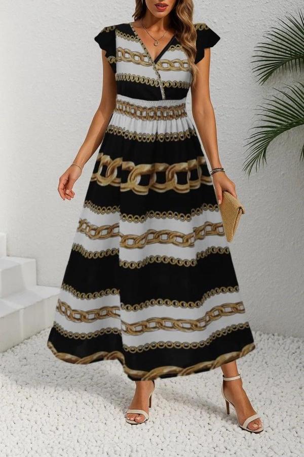 MDB Kadın Kısa Kollu Kruvaze Yakalı Beli Lastikli Desenli Maksi Boy örme Krep Elbise - Image 1