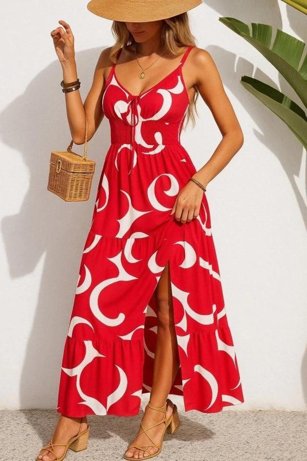 MDB Kadın Ip Askılı Dekolteli Bağcıklı Yırtmaçlı Desenli Süprem Elbise - Image 1