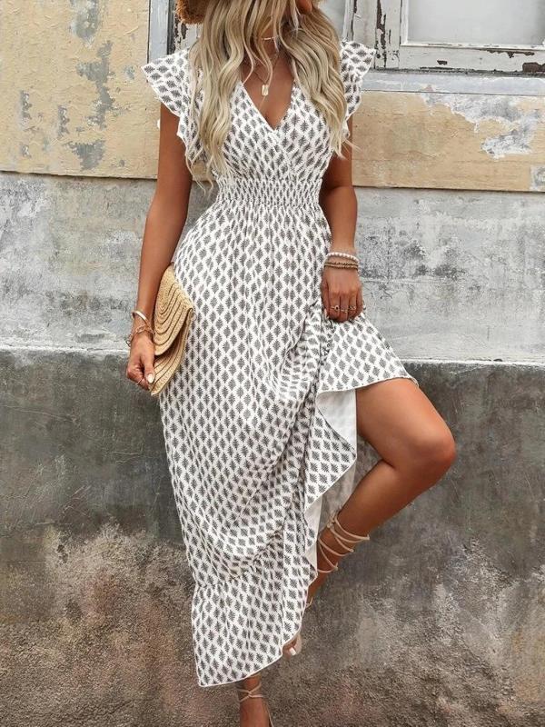 MDB Kadın Kısa Kelebek Kollu Kruvaze Yakalı Desenli Süprem Elbise - Image 1