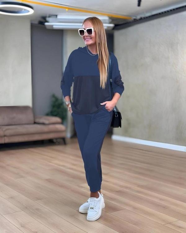 MDB Kadın Uzun Kollu Kapşonlu Viskon Iki Iplik Bluz Ve Pantolon Ikili Takım - Image 1