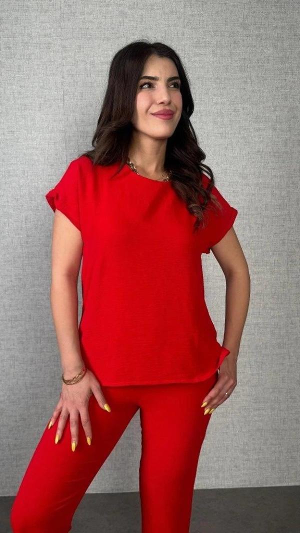 MDB Kadın Kısa Kollu Yuvarlak Yaka Aerobin Bluz Ve Pantolon Ikili Takım - Image 1