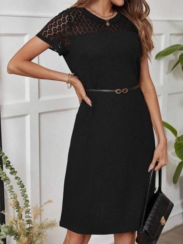 MDB Kadın Kısa Kollu Bisiklet Yaka Dantel Detaylı Düğmeli odal Elbise - Image 1