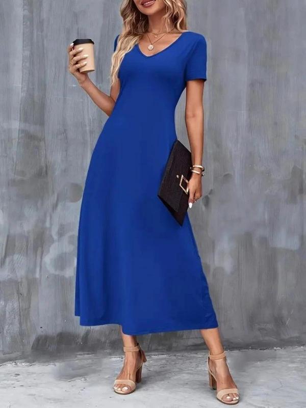 MDB Kadın Kısa Kollu V Yakalı Cepli Viskon Elbise - Image 1