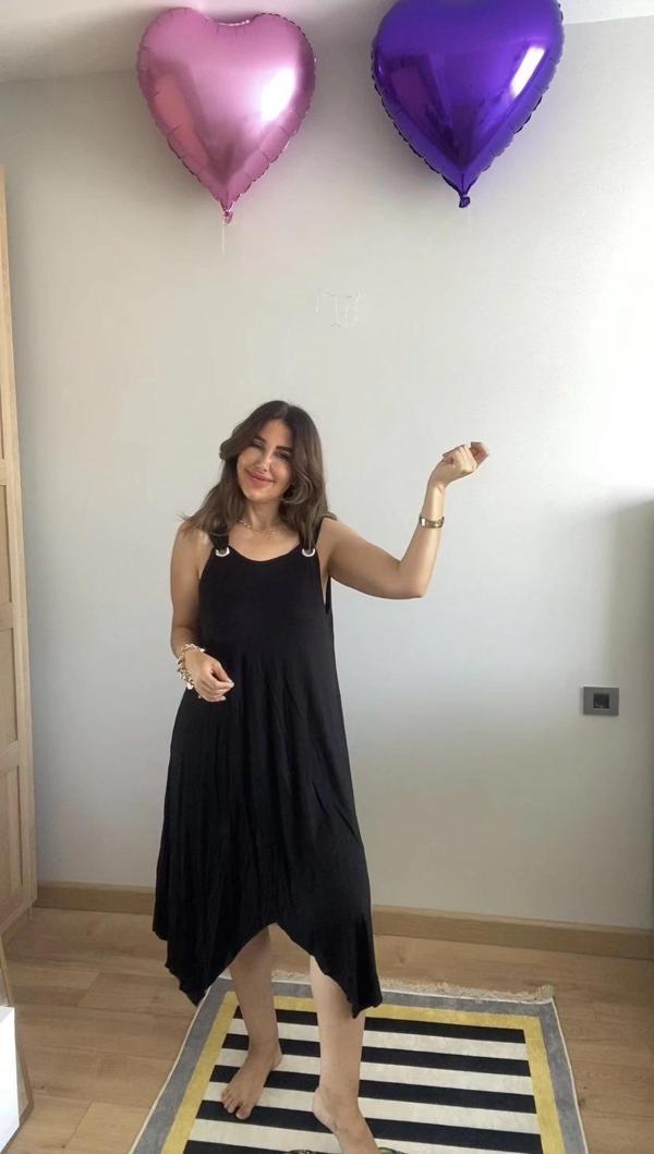 MDB Kadın Askılı Yuvarlak Yaka Kuş Gözü Detaylı Asimetrik Viskon Elbise - Image 1