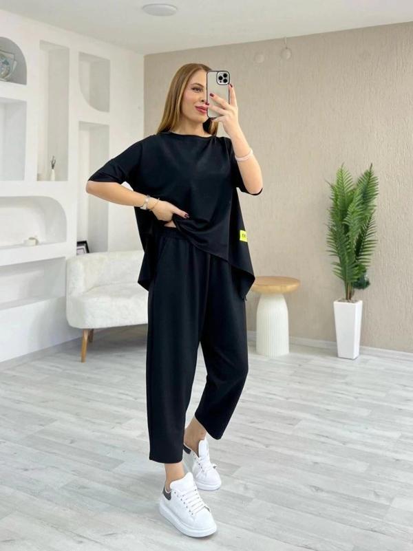 MDB Kadın Kısa Kollu Bisiklet Yaka Viskon Iki Iplik Bluz Ve Pantolon Ikili Takım - Image 1