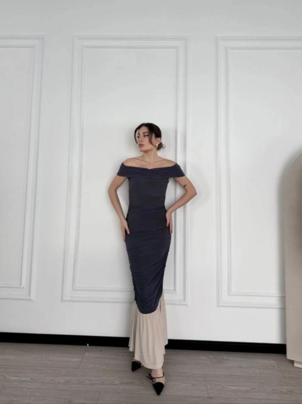 MDB triptiz Omuzlu Uzun Elbise Füme - Image 1