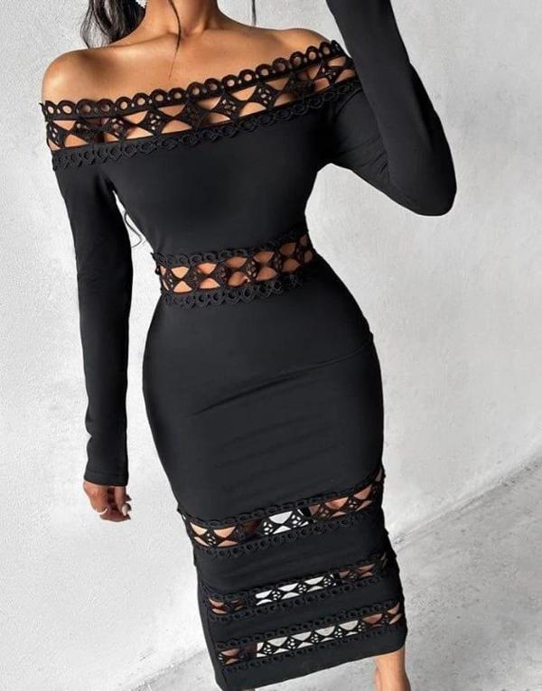 MDB Kadın Uzun Kollu Madonna Dantel Yaka Yırtmaçlı Midi Dalgıç Elbise - Image 1