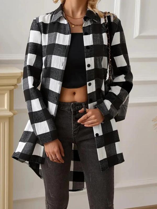 MDB Kadın Uzun Kollu Ekoseli önden Düğmeli Dokuma Uzun Gömlek - Image 1