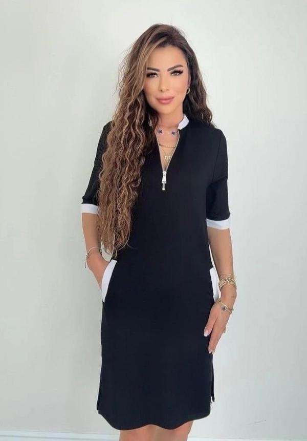 MDB Kadın Kısa Kollu Yakadan Fermuarlı Cepli Yandan Yırtmaçlı Viskon Elbise - Image 1