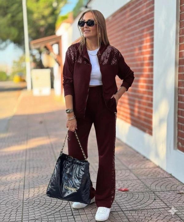 MDB Kadın Uzun Kollu önden Fermuarlı Pul Payetli Alt üst Viskon Iki Iplik Takım - Image 1