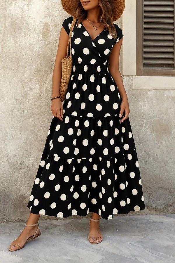 MDB Kadın Kısa Kollu Kruvaze Yaka Beli Lastikli Süprem Maksi Boy Elbise - Image 1