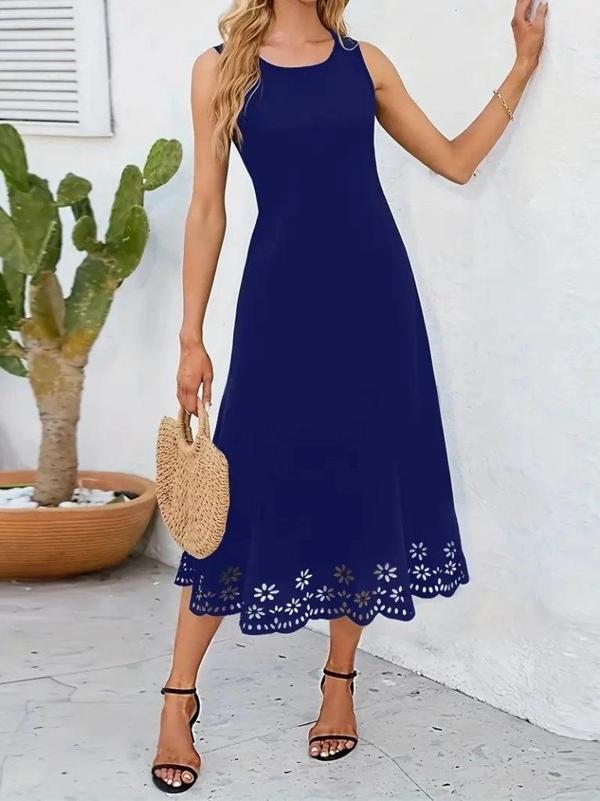 MDB Kadın Kolsuz Etek Ucu Lazer Kesim çiçek Desenli Midi Boy Ithal Krep Elbise - Image 1